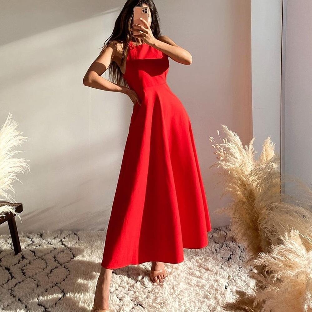Zara Red Linen Blend Voluminous Strappy Halter Dress. Blogger fave!🔥 - Picture 2 of 13